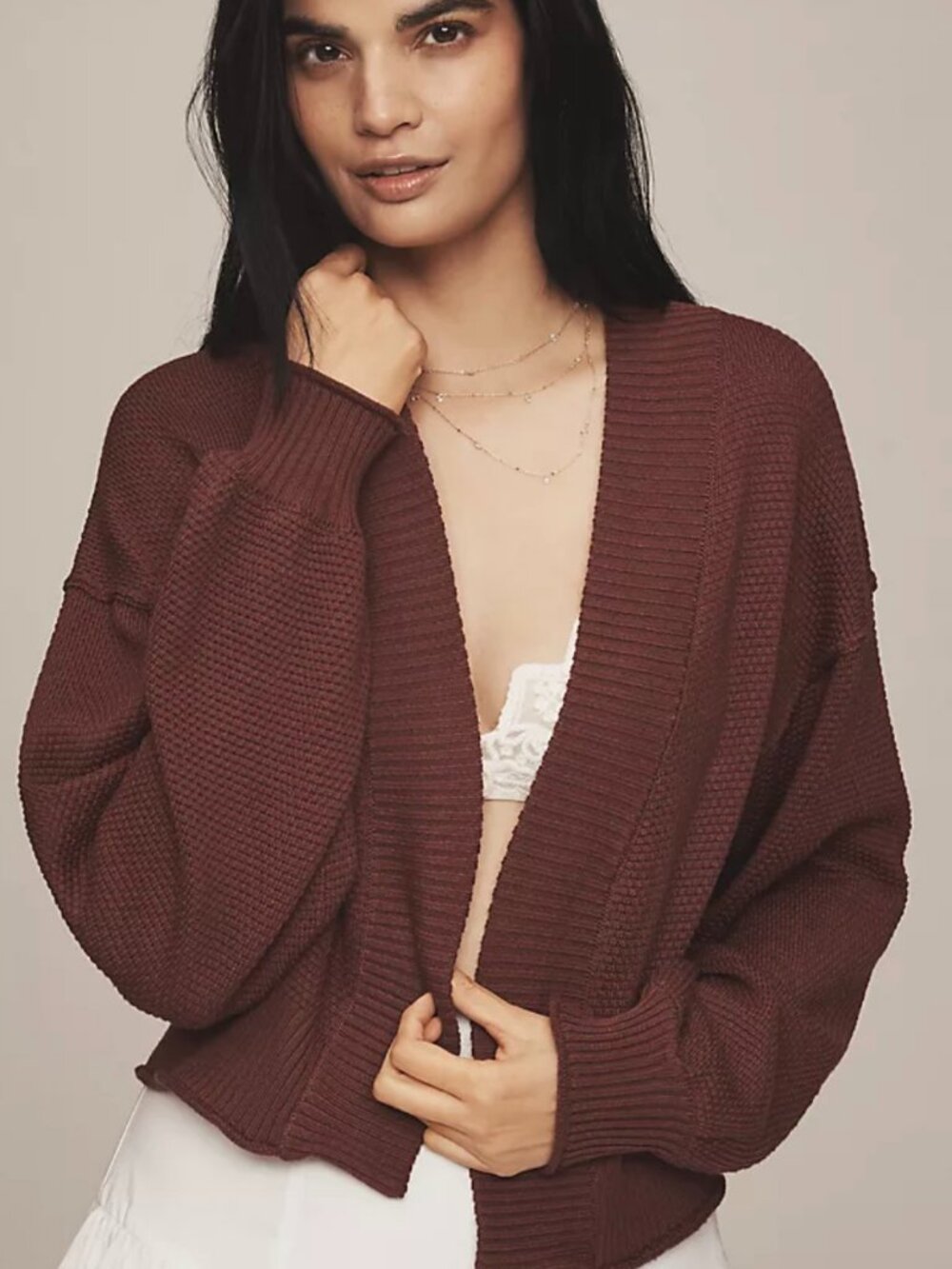 Anthro Maeve Livvy Waffle Knit Cardigan OS Luxe Brown Cropped Slouchy Cozy Chic